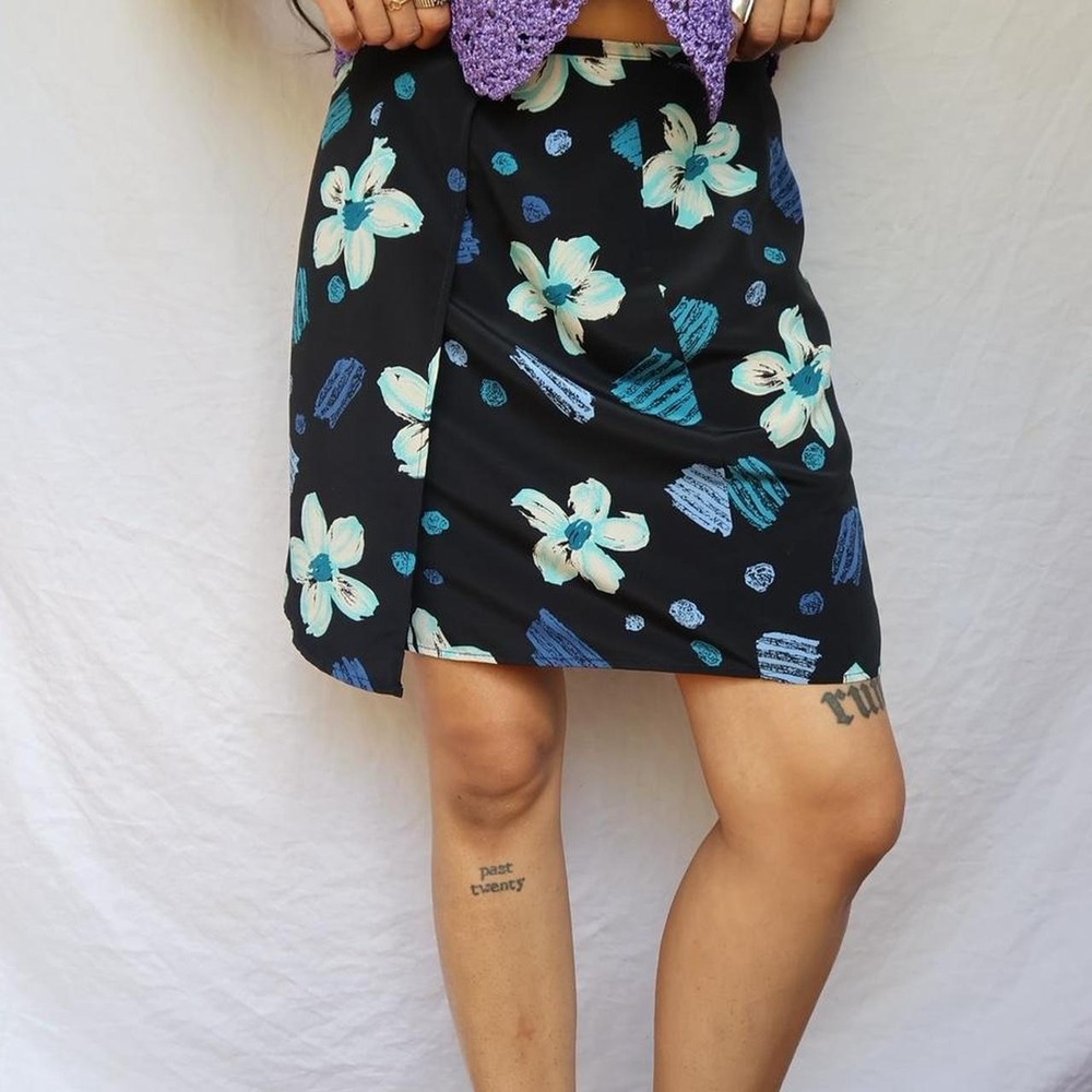 Vintage Black Floral Wrap-Around Mini Skirt